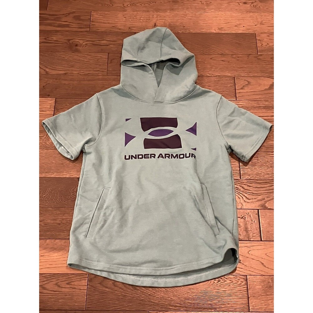 Under Armour Boys Size Blue Logo Short Sleeve Pullover Hoodie w Pouch Sz Large